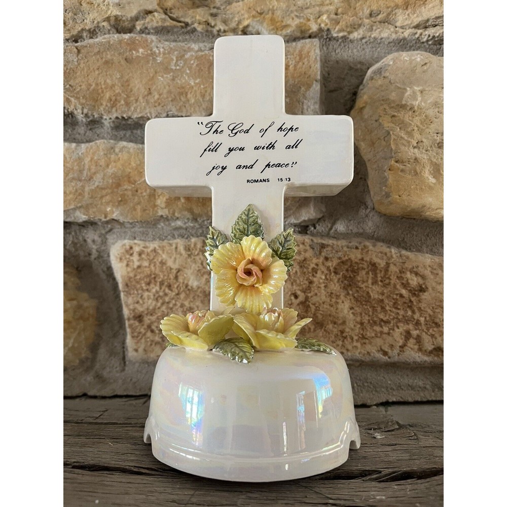 Vintage White Pearlescent Cross w/ Yellow Flowers - Plays Music Box & Vase